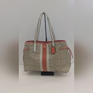 Coach Beige Signature Canvas Tote with Coral and Cream Stripe
